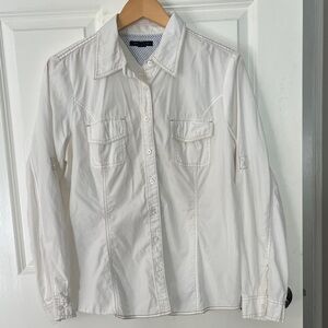 Tommy Hilfiger White Button Down Shirt w/ tan stitching,pockets, pin-tuck large